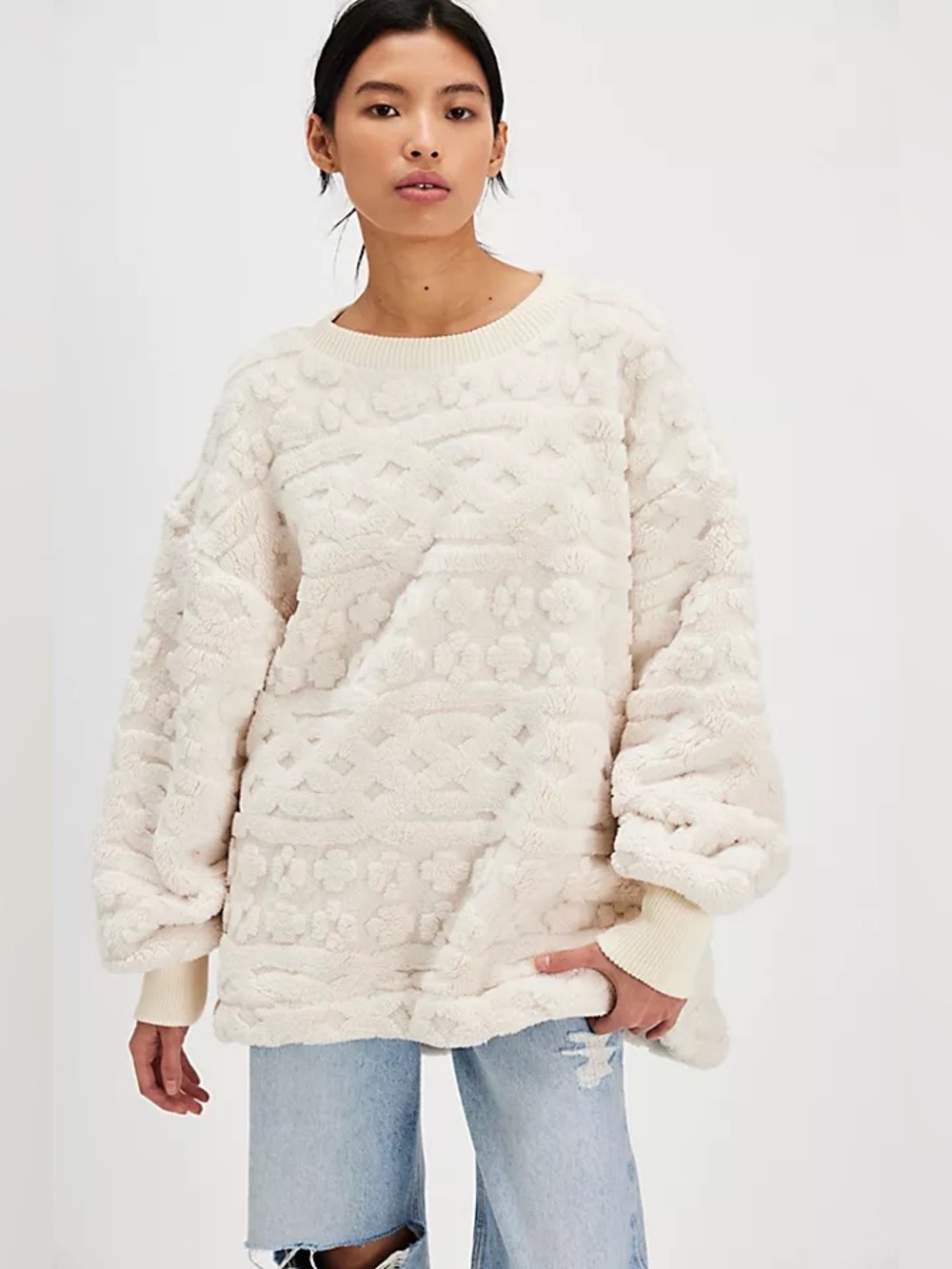NWT Free People Ivory Cable Knit Sweatshirt Size Large $128